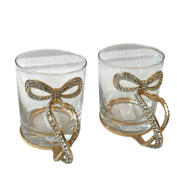 Gold & Rhinestone BOW Handle Glass Mug Coffee Tea Cup Set of 2 Glam Kitchen New - Picture 16 of 16